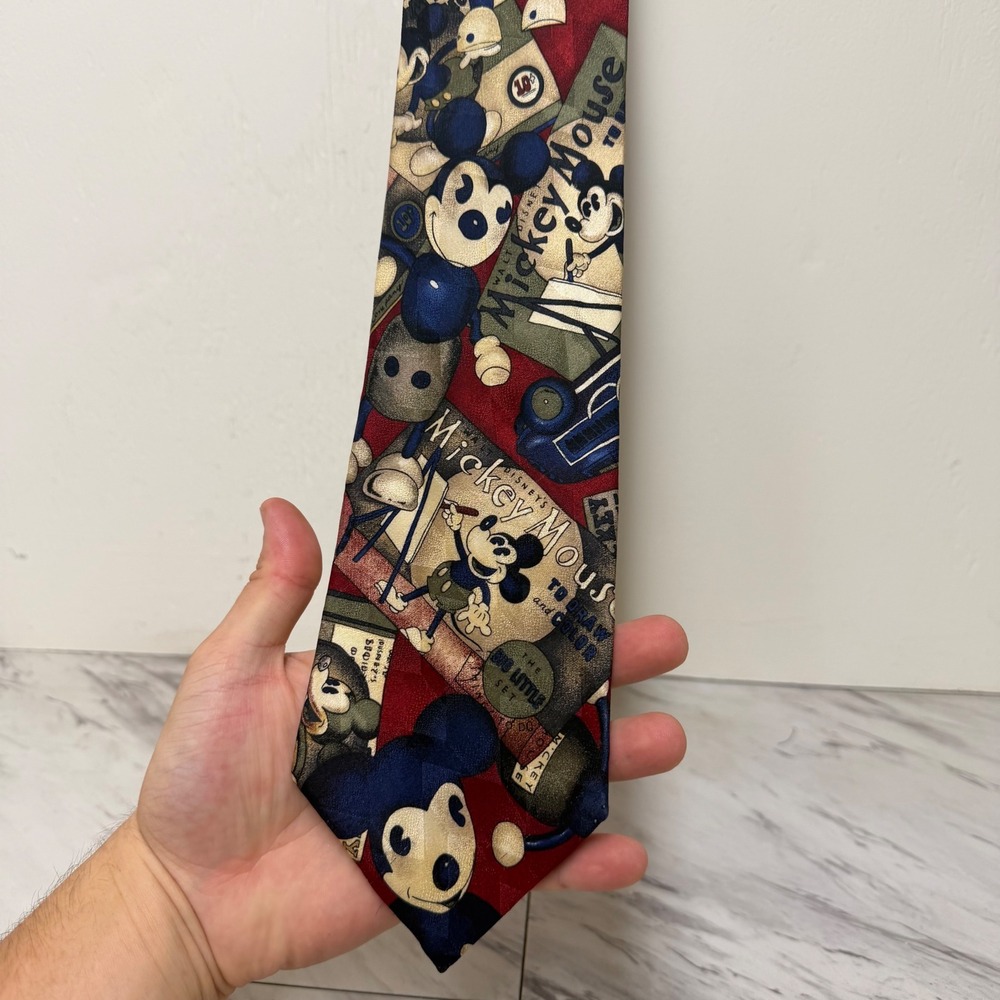 Vintage Mickey & Co Atlas Design Silk Tie Disney Mickey Mouse Collage Print Red
